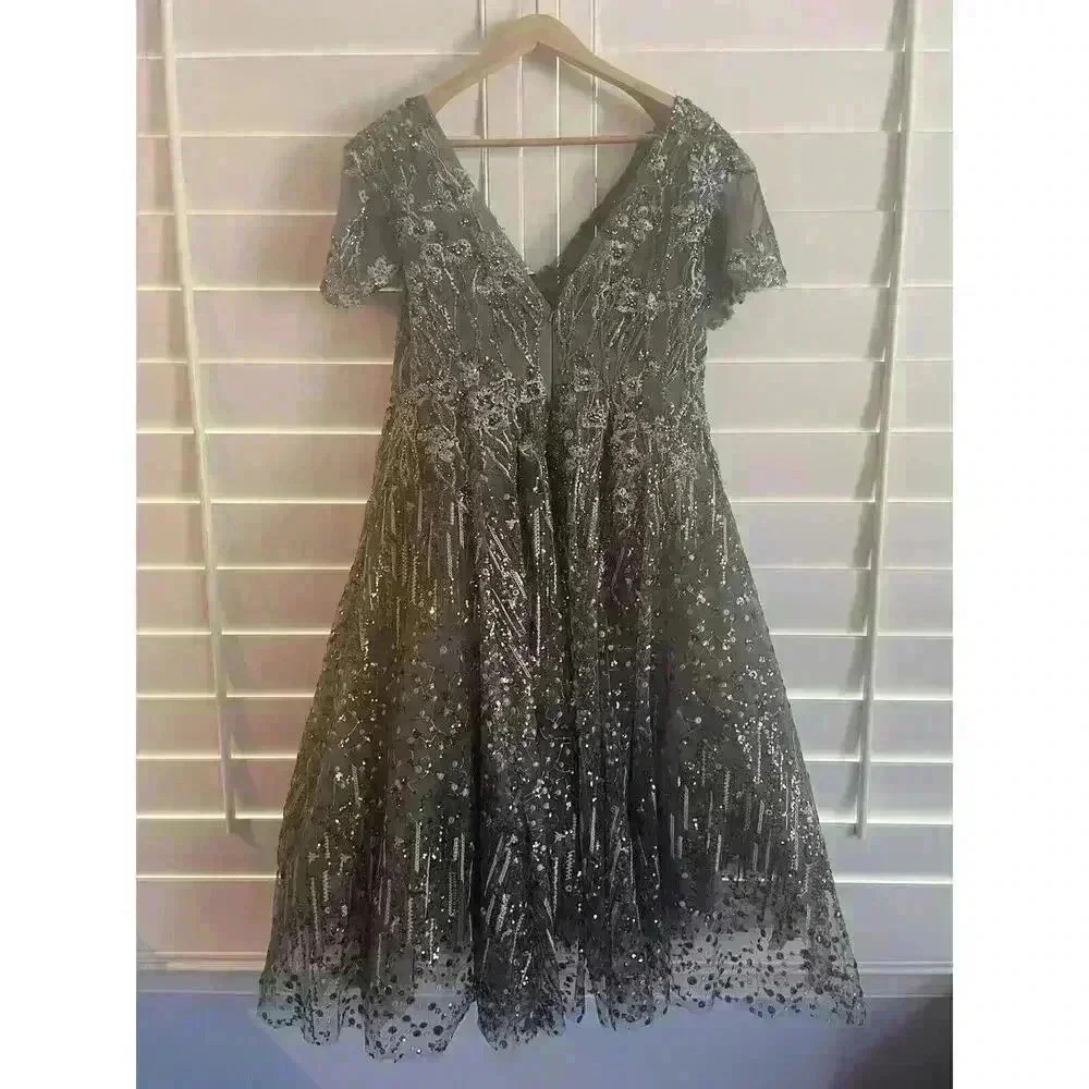 Mac Duggal 20392 Embellished Butterfly Fit Flare Tea Length Dress 14 L Gunmetal - Picture 6 of 8